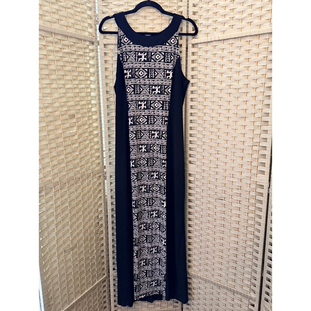 AB STUDIO Sleeveless Maxi Dress XL Black White Geometric Panel Straight Cut